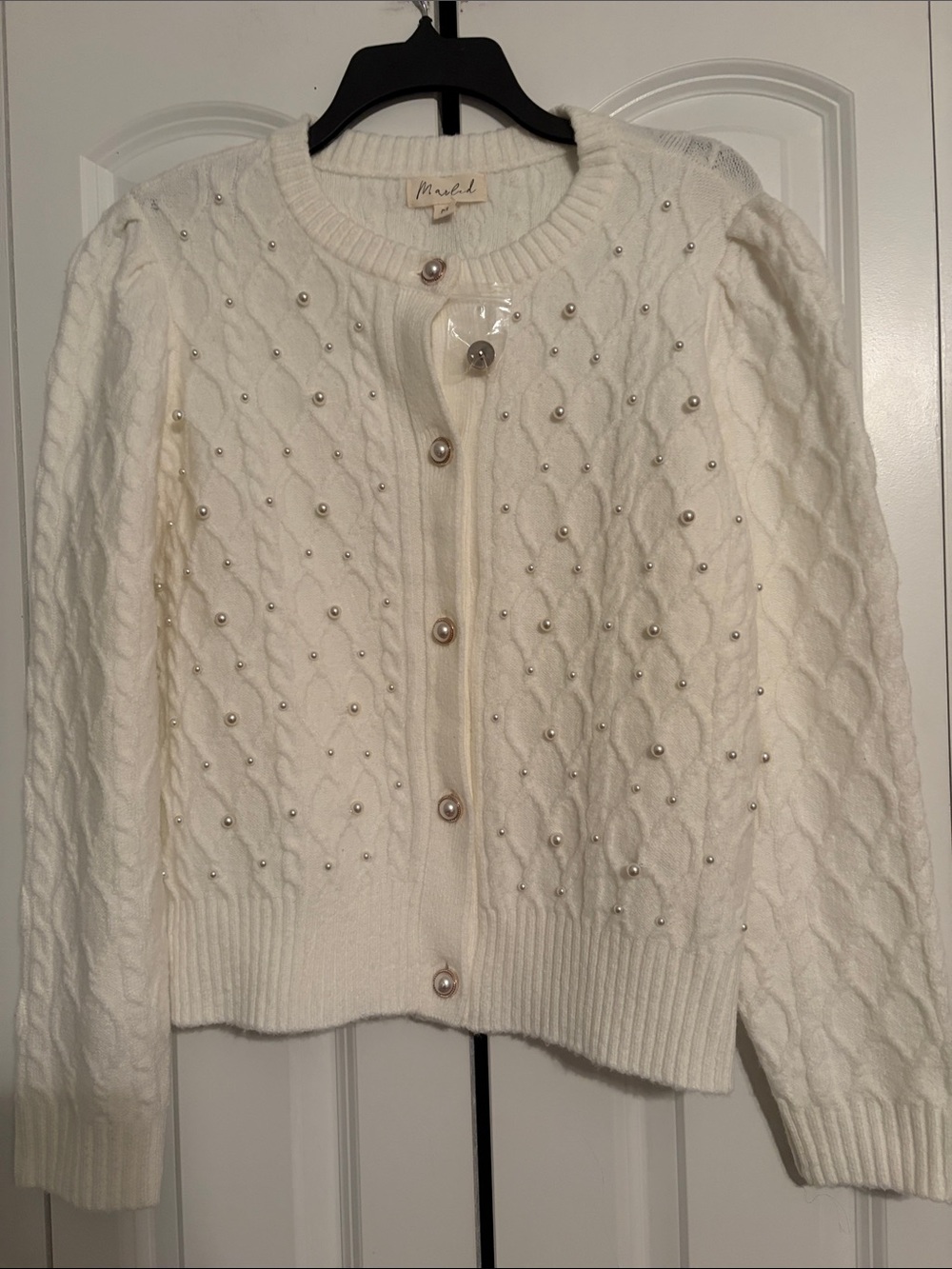 Marled Pearl-Embellished Cream Cable Knit Cardigan